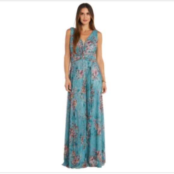 R M Richards Womens Metallic Floral Print Turquoise - Picture 1 of 3